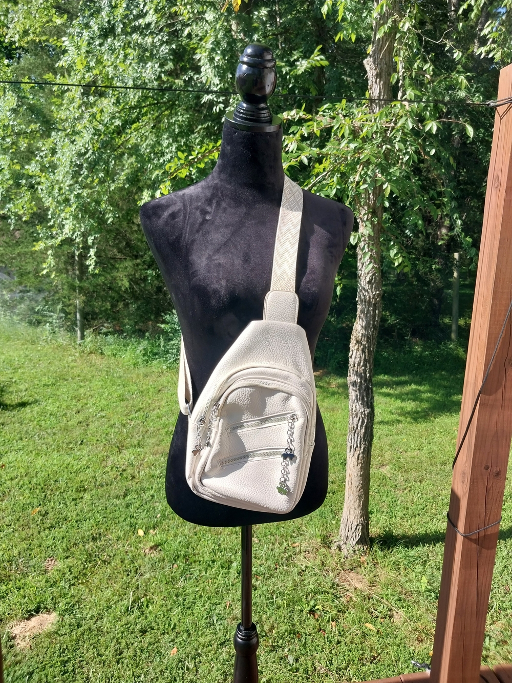 Cream Crossbody Sling Bag with Chevron Strap